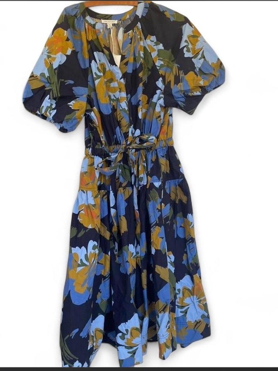 Dresses & Skirts - 100% Cotton Floral Print Navy Wrap Midi Dress - Blue & Mustard